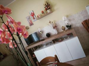 MacchiagodenaにあるB&B da Manuelaの白いキャビネットと花のカウンター付きのキッチン