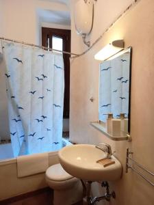 a bathroom with a sink and a toilet and a shower curtain at la casa del viaggiante in Rome