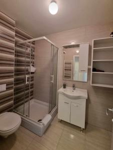 Un baño con ducha, inodoro y lavabo. en Apartman Tesla Pale, en Pale 8 fotos más