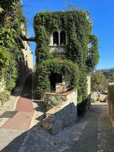a building covered in ivy next to a street at A CASA ROSSA , La Marjolaine in Saint Paul de Vence