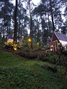 a garden with a house and trees and lights at Locca Lodge in Mojokerto