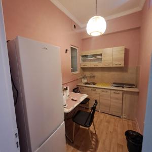 a kitchen with a refrigerator and a table and chairs at Riga Fereou apartments in Patra