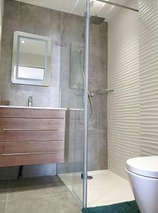 a bathroom with a shower and a sink and a toilet at Loft T3 Duplex Vue Mer Porquerolles in Hyères