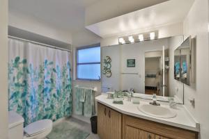 a bathroom with a sink and a toilet and a mirror at Lazy Manatee Pool Home in Bradenton