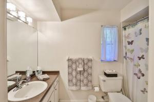 a bathroom with a sink and a toilet and a mirror at Lazy Manatee Pool Home in Bradenton