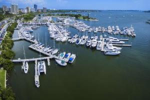 an aerial view of a marina with boats in the water at Lazy Manatee Pool Home in Bradenton