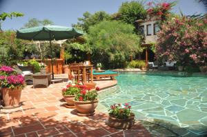 a swimming pool with potted plants and an umbrella at El Vino Hotel & Suites in Bodrum City