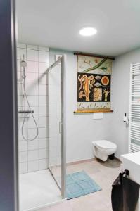 uma casa de banho com um chuveiro e um WC. em L’écrin vintage - Hors Château & Marches de Bueren em Liège