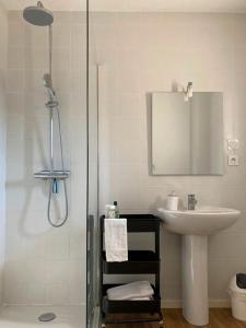 La salle de bains est pourvue d'un lavabo et d'une douche avec un lavabo. dans l'établissement Ejoki, à Sarlat-la-Canéda
