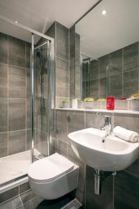 een badkamer met een wastafel, een toilet en een douche bij Coleman Court Summer Apartments in Cork