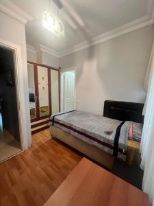 1 dormitorio con 1 cama y suelo de madera en luxury house, en Estambul