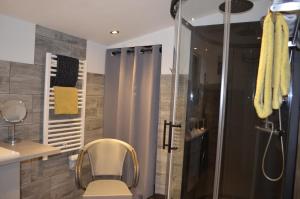 a bathroom with a shower with a toilet and a chair at Chalet ALOHA in Saint-Côme-de-Fresné