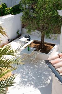 un patio avec des chaises, une table et un arbre dans l'établissement Hôtel Casa Marina, à Saintes-Maries-de-la-Mer