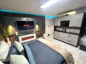 um quarto com uma cama, uma televisão e uma lareira em AirportApart Exklusives Apartment mit Whirpool 2,5 km vom Flughafen Nürnberg em Nurembergue