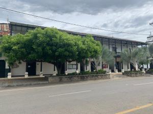 un bâtiment avec des arbres en face d'une rue dans l'établissement Apartamento - Tocaima, à Tocaima
