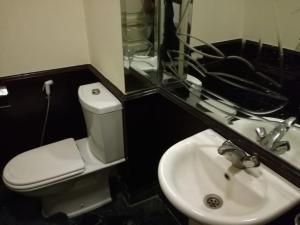 a bathroom with a toilet and a sink and a mirror at Apartment at 4 Seasonz San Stefano in Alexandria