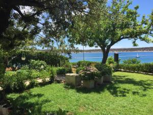 a garden with flowers and a tree and the water at Apartments Kaja in Rab