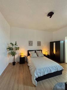 ein Schlafzimmer mit einem großen Bett und zwei Nachttischen in der Unterkunft Laeken : Cocon Chaleureux & Confort in Brüssel