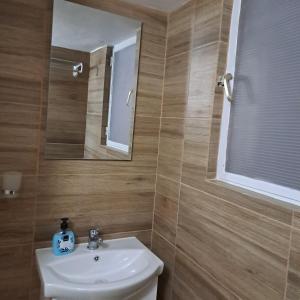 a bathroom with a sink and a mirror at Riga Fereou apartments in Patra