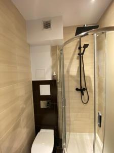 a bathroom with a toilet and a glass shower at Apartament WHITE in Kielce