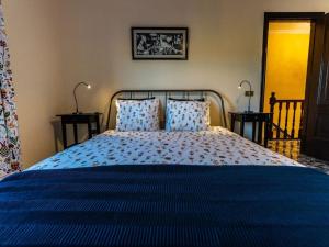 a bedroom with a blue bed with two pillows at Casa Niebla - Zona Rural - Alajeró in Alajeró