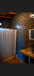 Baño con cortina de ducha junto a una pared de ladrillo en Mahalo Lobitos, en Lobitos