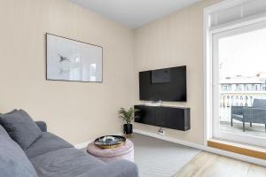 a living room with a gray couch and a tv at Two bedroom downtown apartment with balcony in Akureyri