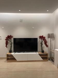 a living room with a large flat screen tv at Flower 1 Al Mughrizat in Riyadh