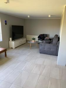 a living room with a couch and a flat screen tv at Mengi Apartments Keflavik in Keflavík