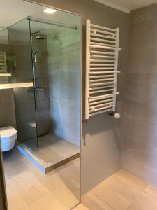 a bathroom with a shower and a glass shower stall at Mengi Apartments Keflavik in Keflavík