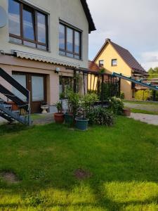 una casa con un patio con césped verde en Ferienwohnung an der Kurpromrnade, en Bad Schandau