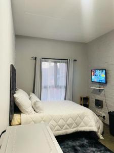 a bedroom with a bed and a flat screen tv at Cozy Life-style Apartment in Maboneg in Johannesburg