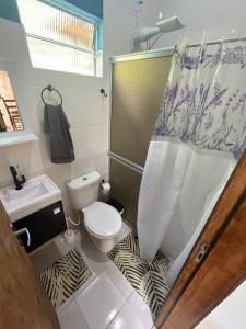 uma casa de banho com um WC, um chuveiro e um lavatório. em Casa Kiiro, um ambiente tranquilo e de sossego. em Santo Antônio do Pinhal