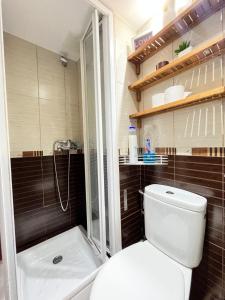 een badkamer met een toilet en een douche bij Estudio Augusto Acogedor 2 in Madrid