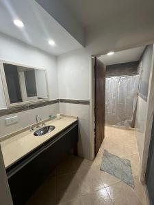 a bathroom with a sink and a shower at BELLA VISTA Hostel, Aparts & Complejo de Cabañas in Santa Rosa de Calamuchita