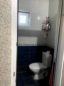uma casa de banho com um WC branco e azulejos azuis em anno's house em Zugdidi