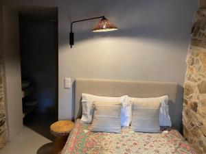 ein Schlafzimmer mit einem Bett mit Kissen und einer Lampe in der Unterkunft Casa Velha-SantiagoFamilyHouse in Sever do Vouga