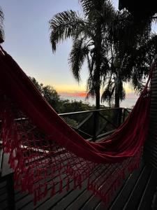 uma rede de descanso com vista para o oceano e palmeiras em La Roca House na Praia do Rosa