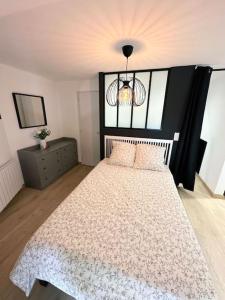 a bedroom with a large bed and a chandelier at /Sacré studio/Parking privé/Wifi in Rodez