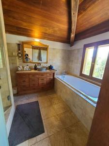 a large bathroom with a tub and a mirror at gorgeous herzeliya pool villa in Herzelia 