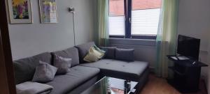a living room with a couch and a television at Schöne 3 Zi. Ferienwohnung vor den Toren Frankfurt in Dreieich