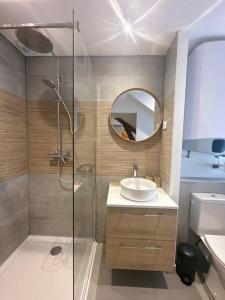 La salle de bains est pourvue d'une douche, d'un lavabo et d'un miroir. dans l'établissement / /Sacré studio/ /wifi/ /parking privé, à Rodez