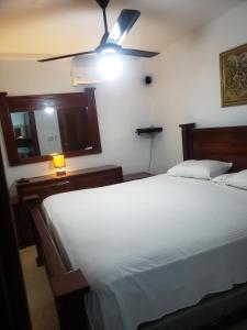 um quarto com uma cama branca e uma ventoinha de tecto em Recidencial job em Santiago de los Caballeros