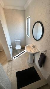 a bathroom with a sink and a mirror and a toilet at Mphagahle B&B in Mthenti