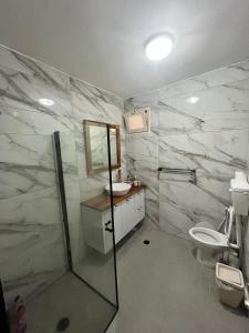een badkamer met een douche, een wastafel en een toilet bij לב במדבר - הצימר של רחלי in Arad