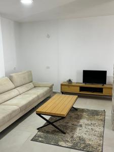 a living room with a couch and a tv at לב במדבר - הצימר של רחלי in Arad