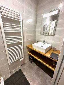 La salle de bains est pourvue d'un lavabo et d'un miroir. dans l'établissement La barrière/hyper centre/calme, à Rodez