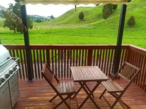 two chairs and a table on a deck with a view at Bush Cabin Stunning views in Taumarunui