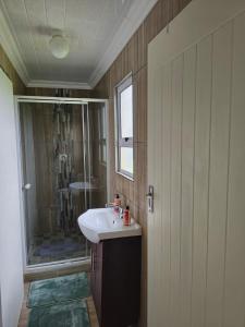 y baño con lavabo y ducha. en Izibusiso Guest room en East London