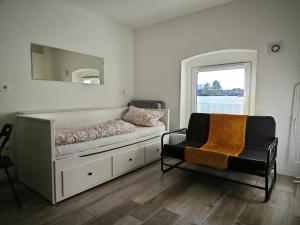 1 dormitorio con cama, silla y espejo en Grünes Idyll im Herzen Kölns, en Colonia